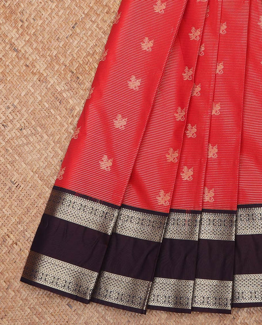 Red Budget Silk Saree, Enriched with Zari Buttas and Stripes On Its Body, Complemented by Contrast Traditional Zari Designs Woven Rettai Pettu Border, Grand Pallu and Paired with a Contrast Blouse