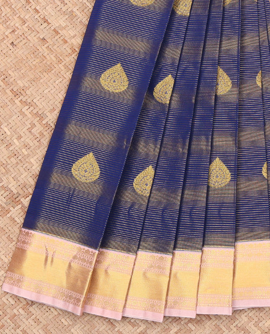 Blue Budget Silk Saree, Beautified with Zari Buttas and Zari Stripes on Its Body, Complemented by a Contrast Traditional Zari Design-Woven Border, Gleaming Pallu of Jaal Designs, and Paired with a Contrast Blouse