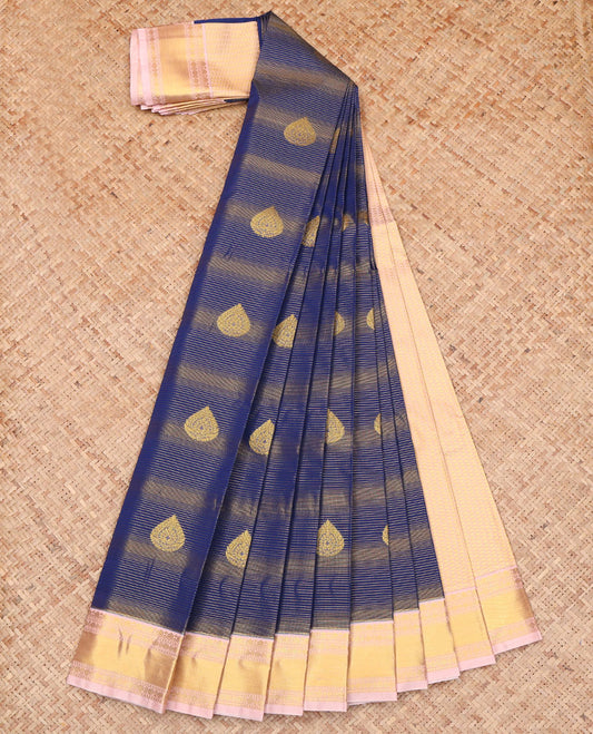 Blue Budget Silk Saree, Beautified with Zari Buttas and Zari Stripes on Its Body, Complemented by a Contrast Traditional Zari Design-Woven Border, Gleaming Pallu of Jaal Designs, and Paired with a Contrast Blouse