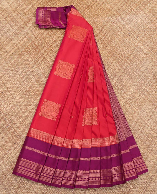 Red Budget Silk Saree, Artfully Detailed with Zari Buttas on Its Body, Complemented by a Contrast Traditional Zari Design Border, Geometric-Patterned Pallu, and Paired with a Contrast Blouse