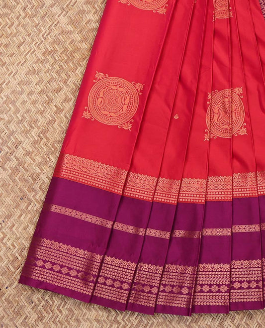 Red Budget Silk Saree, Artfully Detailed with Zari Buttas on Its Body, Complemented by a Contrast Traditional Zari Design Border, Geometric-Patterned Pallu, and Paired with a Contrast Blouse