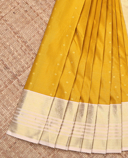 Yellow Budget Silk Saree, Sparsely Woven with Buttas and Checks All Over Its Body, Complemented by a Contrast Traditional Zari Design Border, Grand Pallu, and Paired with a Contrast Blouse