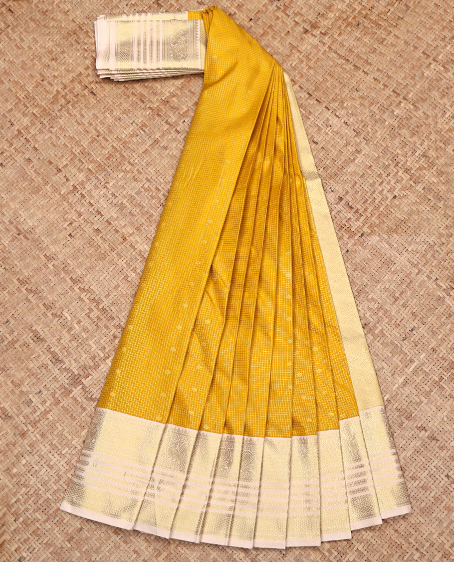 Yellow Budget Silk Saree, Sparsely Woven with Buttas and Checks All Over Its Body, Complemented by a Contrast Traditional Zari Design Border, Grand Pallu, and Paired with a Contrast Blouse