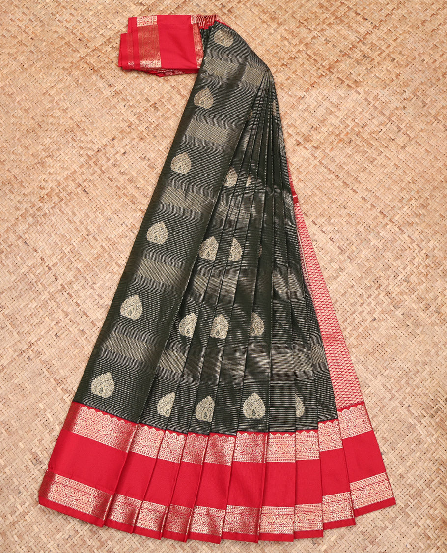 Black Budget Silk Saree, Delicately Woven with Zari Buttas and Stripes, Complemented by a Contrast Traditional Zari Design Rettai Pettu Border, Jaal Pallu, and a Contrast Blouse