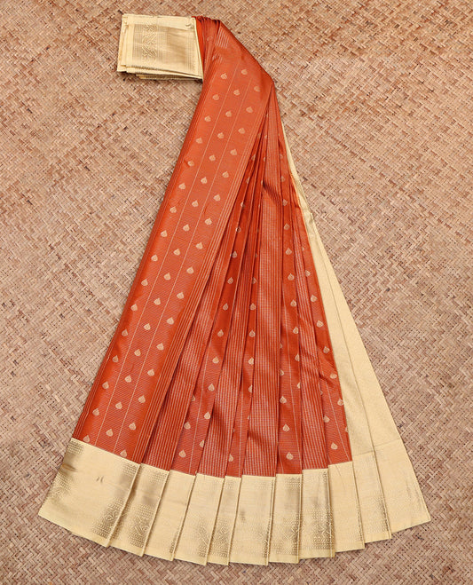 Rust Budget Silk Saree, Bedecked with Buttas and Checks, Complemented by Contrast Traditional Zari Border, Grand Pallu and a Contrast Blouse