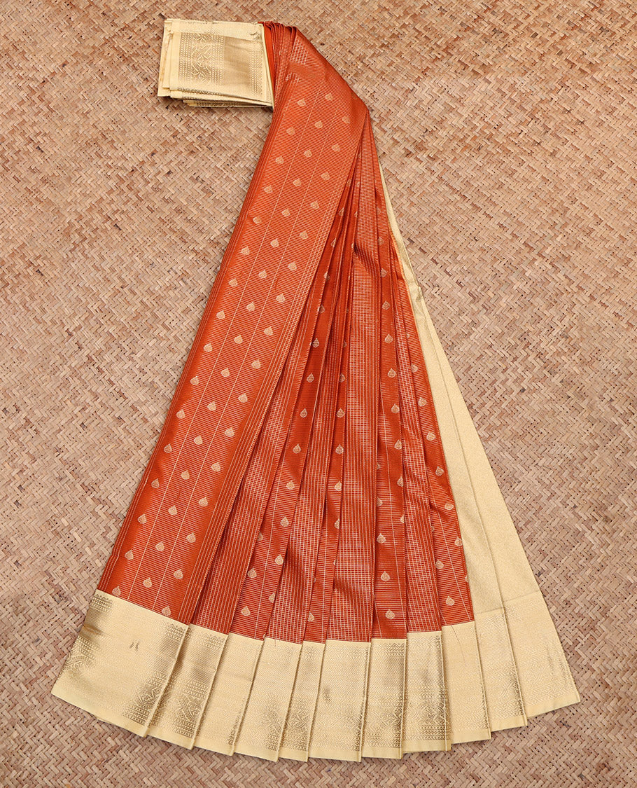 Rust Budget Silk Saree, Bedecked with Buttas and Checks, Complemented by Contrast Traditional Zari Border, Grand Pallu and a Contrast Blouse