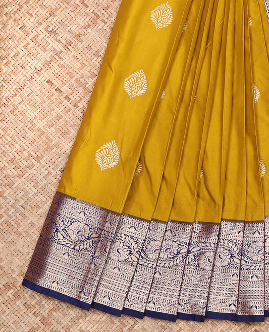 Mustard Budget Silk Saree, Woven with Zari Buttas, Complemented by a Contrast Traditional Zari Border, Pallu of Intricate Designs, and a Contrast Blouse