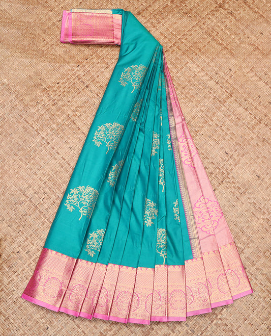 Rama Budget Silk Saree, Decorated with Zari Buttas, Contrast Traditional Zari Border, Grand Pallu, and a Contrast Blouse