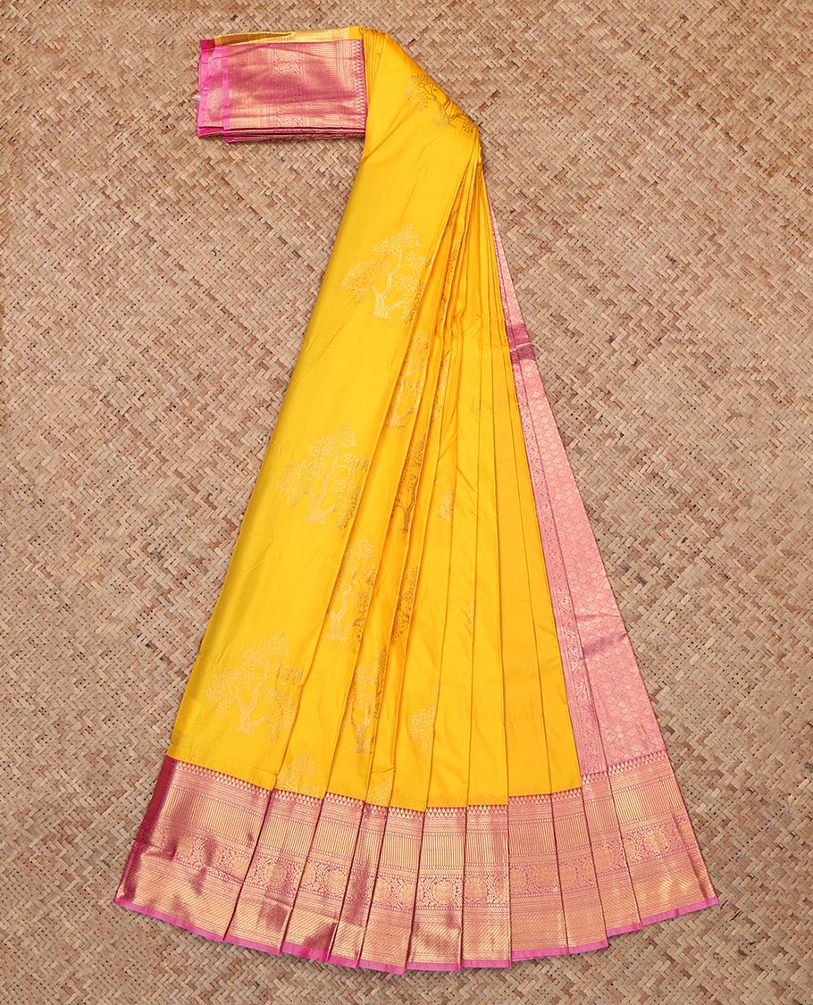 Yellow Budget Silk Saree, Sparsely Woven with Tree Motifs, Complemented by Contrast Traditional Zari Border, Grand Pallu and Contrast Blouse