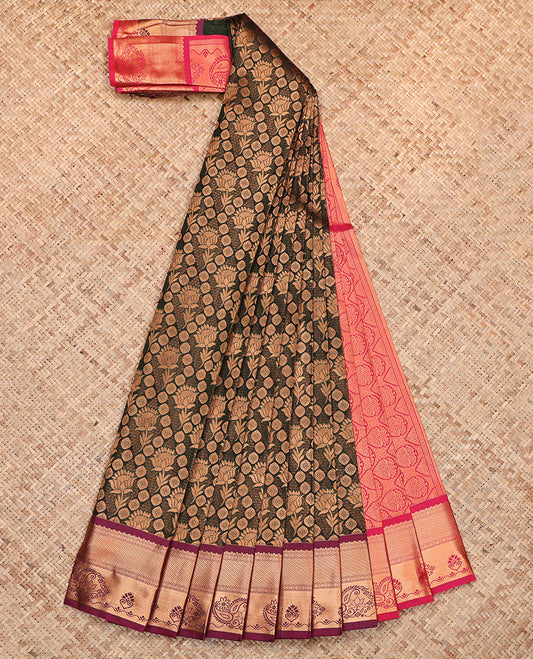 Brown Budget Silk Saree, Detailed with Jacquard, Complemented by a Contrast Traditional Zari Border, Grand Pallu, and a Contrast Blouse