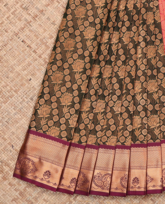 Brown Budget Silk Saree, Detailed with Jacquard, Complemented by a Contrast Traditional Zari Border, Grand Pallu, and a Contrast Blouse