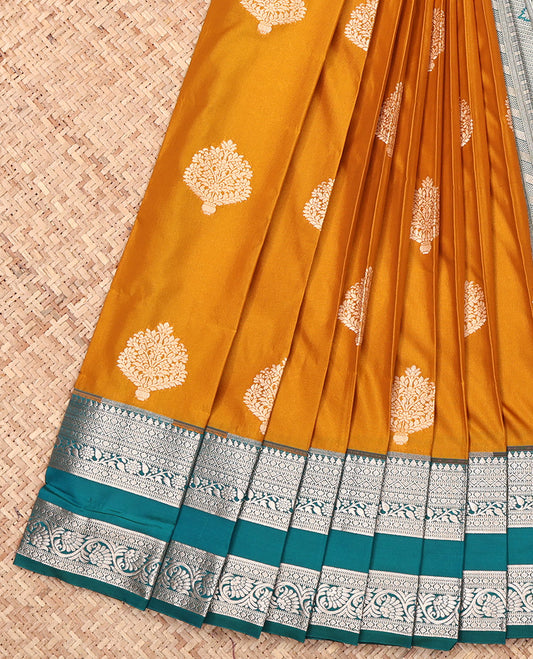 Mustard Budget Silk Saree, Bedecked with Zari Buttas, Complemented by a Contrast Traditional Zari Rettai Pettu Border, Grand Pallu, and a Contrast Blouse