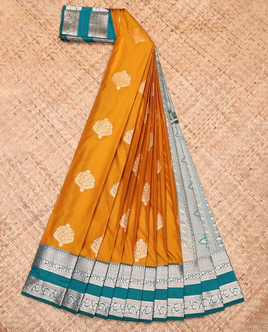Mustard Budget Silk Saree, Bedecked with Zari Buttas, Complemented by a Contrast Traditional Zari Rettai Pettu Border, Grand Pallu, and a Contrast Blouse