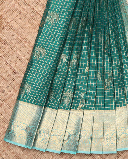 Green Budget Silk Saree, Embellished with Zari Buttas and Checks, Complemented by Contrast Traditional Zari Border, Intricate Pallu, and Contrast Blouse