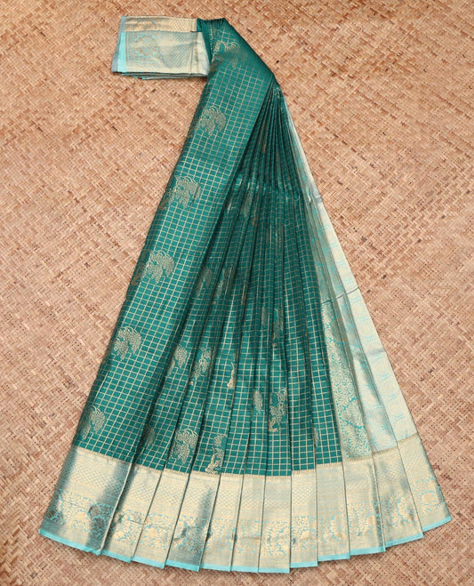 Green Budget Silk Saree, Embellished with Zari Buttas and Checks, Complemented by Contrast Traditional Zari Border, Intricate Pallu, and Contrast Blouse