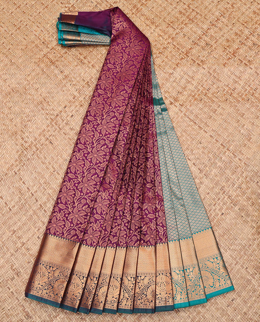 Purple Budget Silk Saree, Gracefully Embellished with Jacquard Design, Complemented by a Contrast Traditional Zari Border, Jaal Pallu, and Contrast Blouse