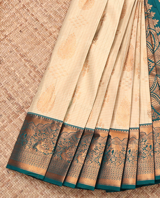 Sandal Budget Silk Saree, Richly Detailed with Zari Buttas and Checks, Complemented by a Contrast Traditional Border, Grand Pallu, and Contrast Blouse