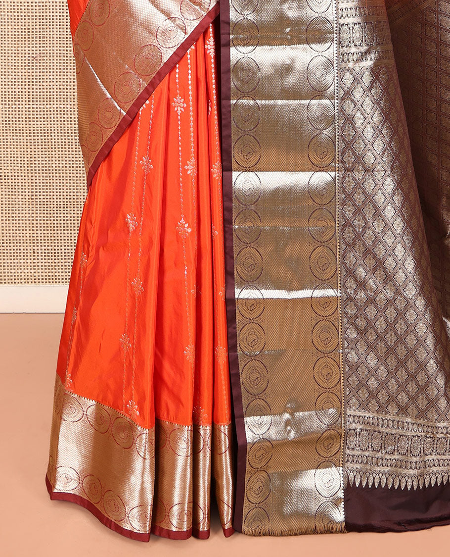 Orange Budget Silk Saree, Gracefully Embellished with Zari Stripes, Complemented by a Contrast Traditional Border, Jaal Pallu, and a Contrast Blouse