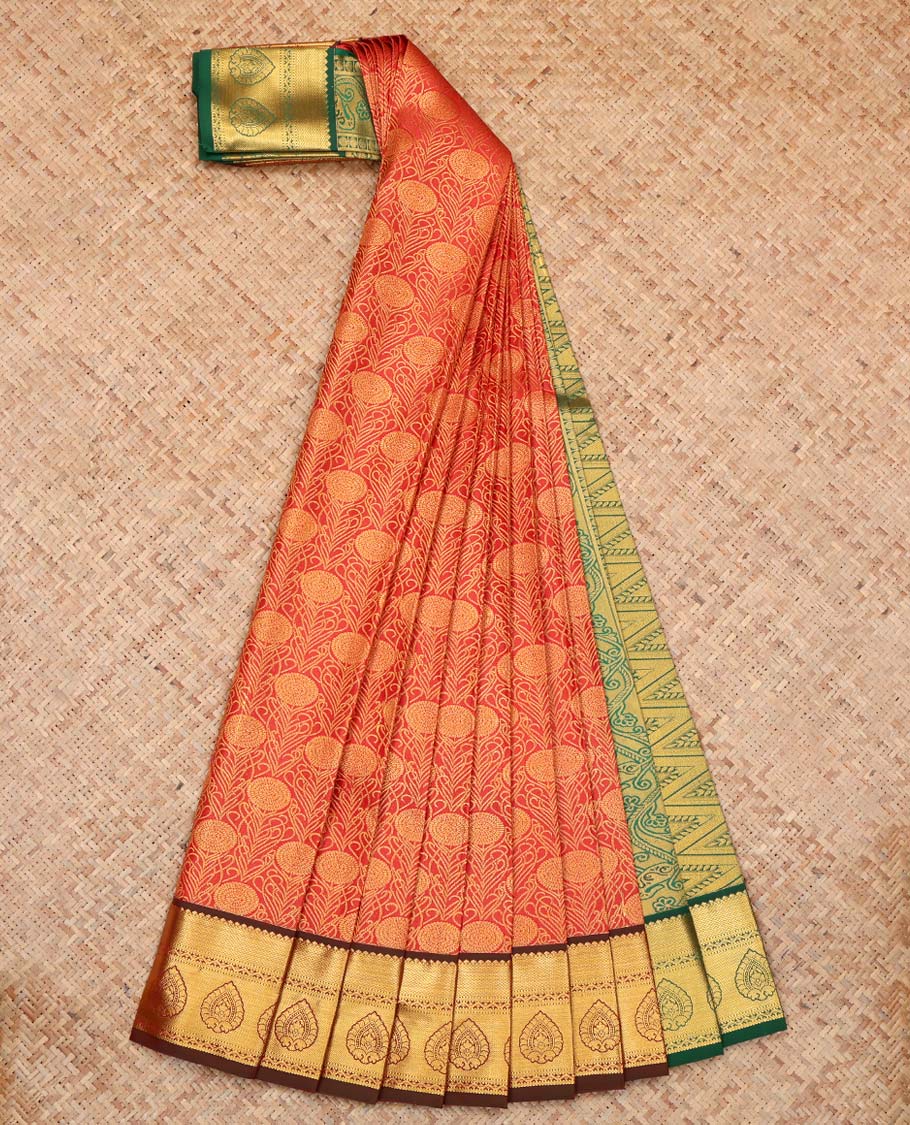 Orange Budget Silk Saree, Embellished with Floral Jacquard Design, Complemented by Contrast Traditional Zari Border, a Geomentric Pallu and a Contrast Blouse