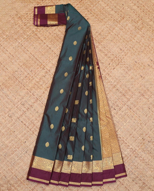 Blue Budget Silk Saree, Enhanced with Peacock and Floral Buttas, a Contrast Traditional Zari Rettai Pettu Border, a Jaal Pallu and a Contrast Blouse