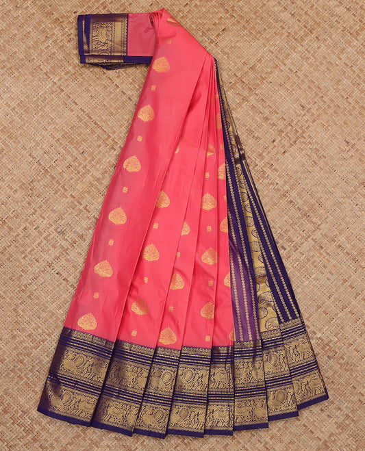 Pink Budget Silk Saree, Accentuated with Zari Buttas, Complemented by Contrast Traditional Zari Border, a Grand Pallu and a Contrast Blouse