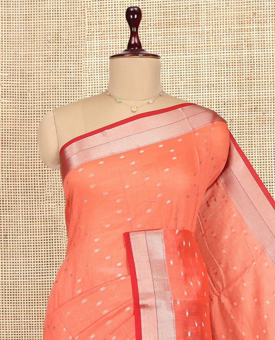 Orange Assam Silk Saree, Embellished with Zari Buttas, Complemented by Contrast Traditional Zari Border,  Zari Woven Pallu, and Contrast Blouse