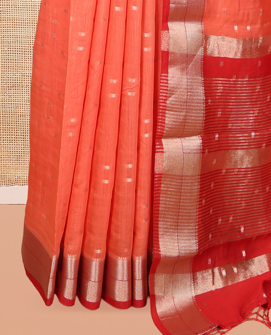 Orange Assam Silk Saree, Embellished with Zari Buttas, Complemented by Contrast Traditional Zari Border,  Zari Woven Pallu, and Contrast Blouse