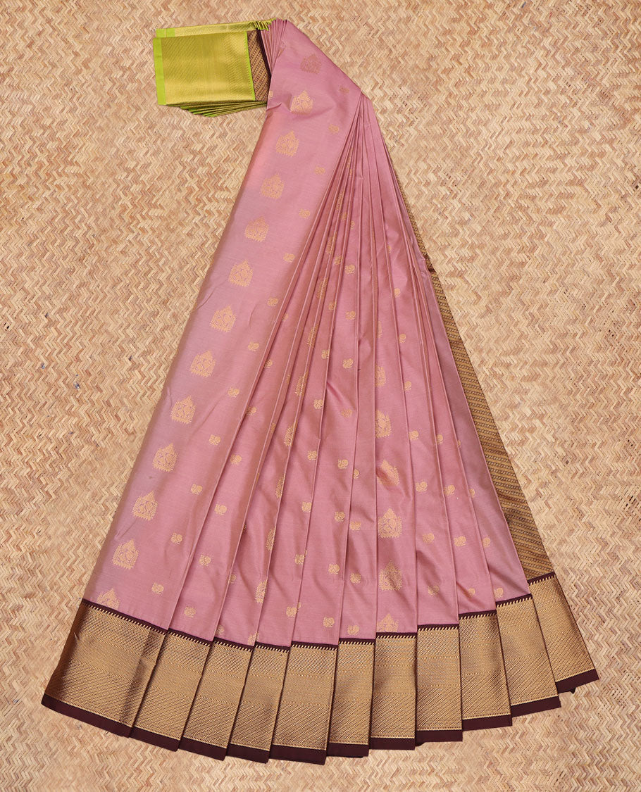 Onion Pink Budget Silk Saree, Gleamed Up with Zari Buttas, a Contrast Traditional Zari Ganga Jamuna Border, Intricate Pallu, and a Contrast Blouse