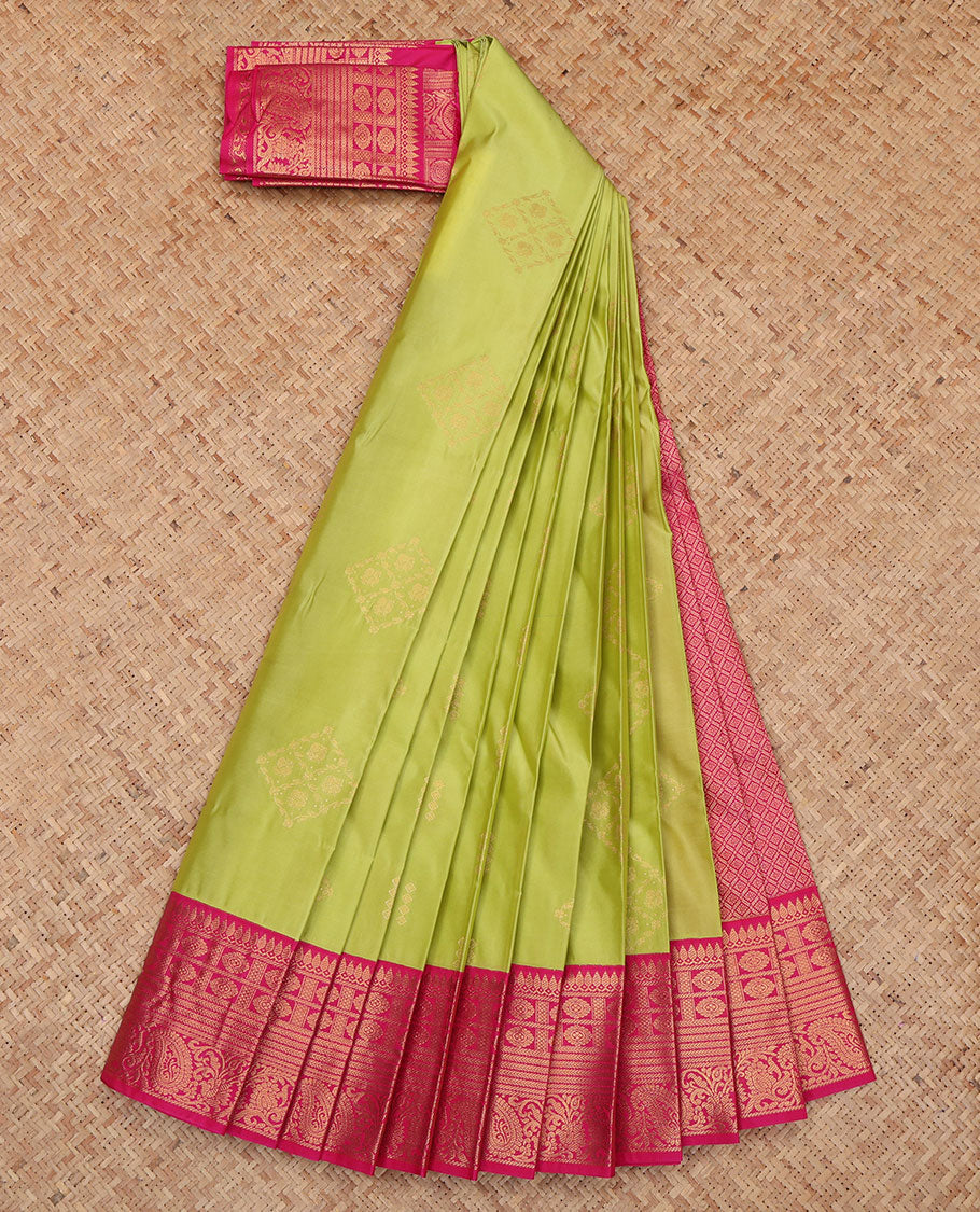 Parrot Green Budget Silk Saree, Gleamed Up with Zari Buttas, a Contrast Traditional Zari Border, Jaal Pallu, and a Contrast Blouse