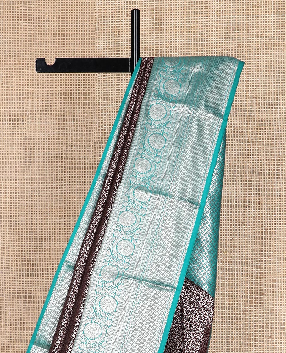Coco brown vine jacquard budget silk saree, contrast traditional zari border, and jaal pallu