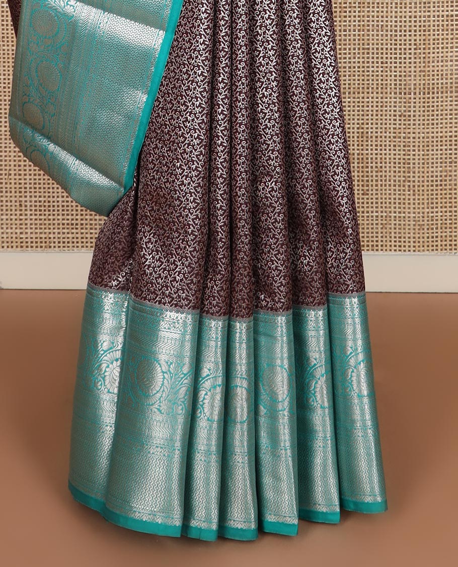 Coco brown vine jacquard budget silk saree, contrast traditional zari border, and jaal pallu