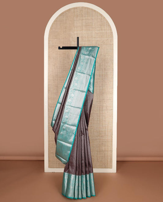 Coco brown vine jacquard budget silk saree, contrast traditional zari border, and jaal pallu