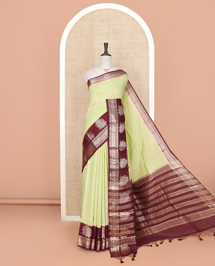 Yellow zari checked Assam silk saree, contrast traditional zari border of floral designs, and pallu of zari designs