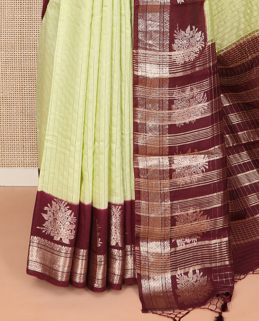 Yellow zari checked Assam silk saree, contrast traditional zari border of floral designs, and pallu of zari designs