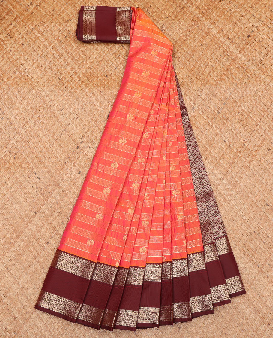 Orange Budget Silk Saree, Bedecked with Zari Stripes and Peacock Buttas on Its Body, Complemented by Contrast Traditional Zari Design Rettai Pettu Border, Opulently Embellished Pallu, and Paired with a Contrast Blouse