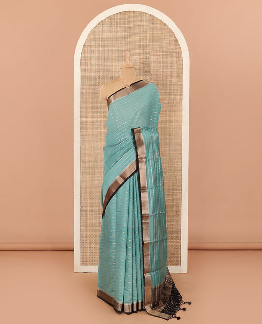 Blue horizontal striped Assam silk saree, contrast traditional zari border, and zari striped pallu