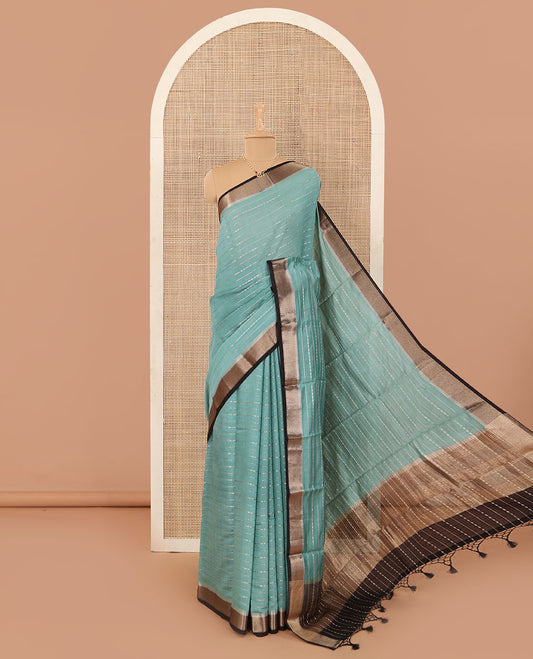 Blue horizontal striped Assam silk saree, contrast traditional zari border, and zari striped pallu