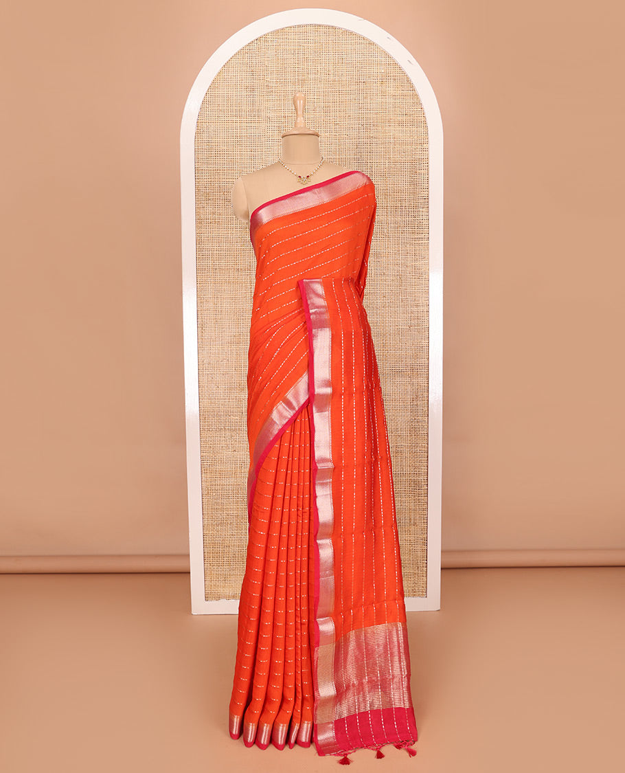 Dark Orange Assam Silk Saree Elevated with All-Over Buttas, Complemented with a Contrast Traditional Zari  Border, Zari-Striped Pallu, and Paired with a Contrast Blouse