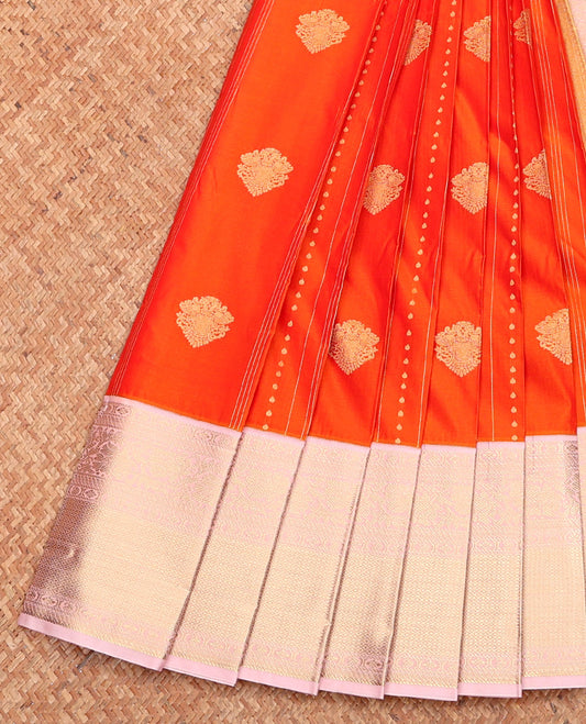 Orange Budget Silk Saree, Detailed with Zari Buttas, Complemented by a Contrast Traditional Zari Border, Grand Pallu, and Contrast Blouse