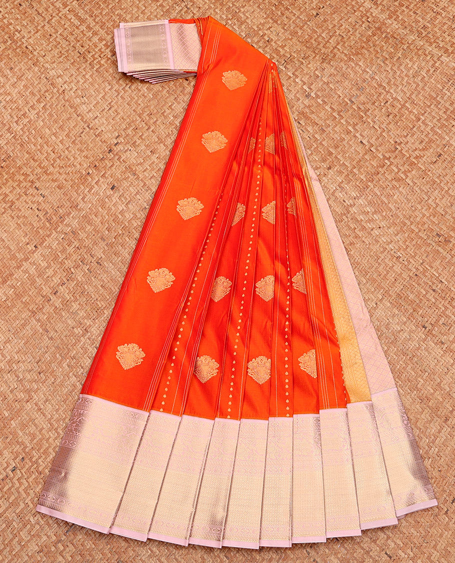 Orange Budget Silk Saree, Detailed with Zari Buttas, Complemented by a Contrast Traditional Zari Border, Grand Pallu, and Contrast Blouse