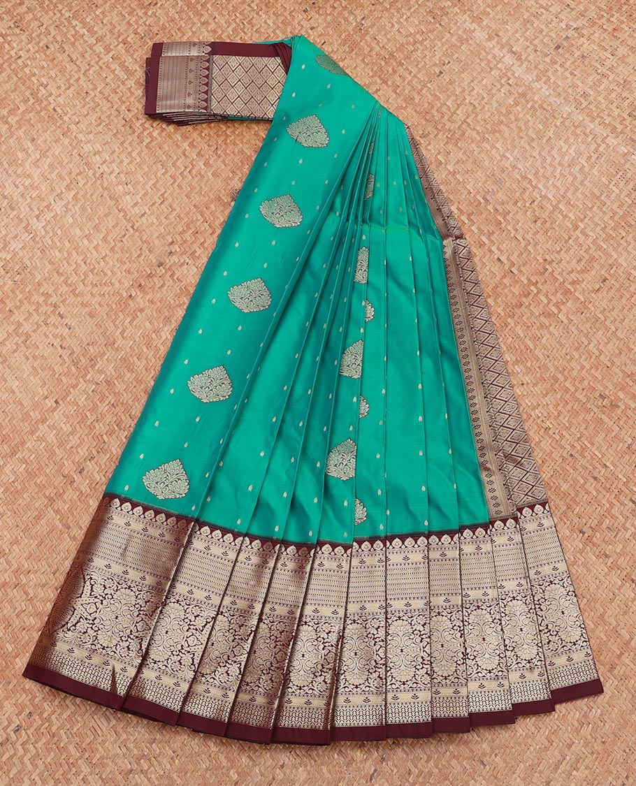 Green Budget Silk Saree, Beautified with Zari Buttas, Complemented by a Contrast Traditional Zari Design Border, Grand Pallu, and a Contrast Blouse