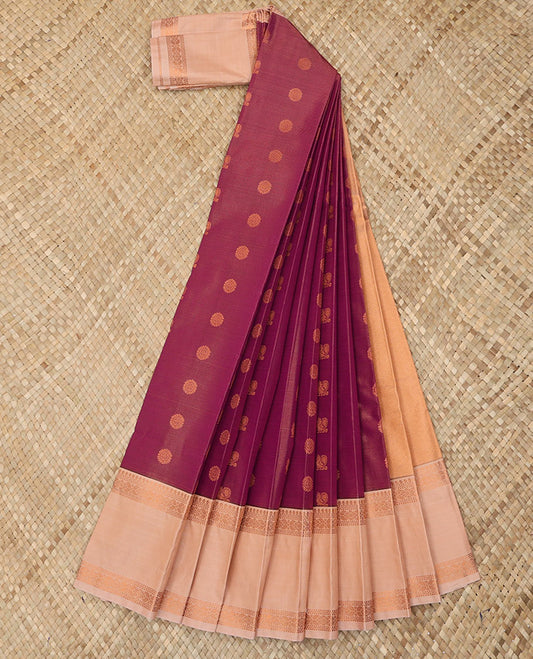Magenta Budget Silk Saree Artfully Detailed with Peacock Chakram Buttas and Zari Stripes, Highlighted with a Contrast Traditional Zari Design Rettai Pettu Border, Zari Woven Pallu, and Paired with a Contrast Blouse