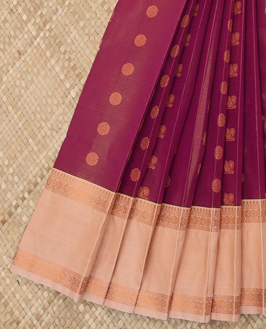 Magenta Budget Silk Saree Artfully Detailed with Peacock Chakram Buttas and Zari Stripes, Highlighted with a Contrast Traditional Zari Design Rettai Pettu Border, Zari Woven Pallu, and Paired with a Contrast Blouse