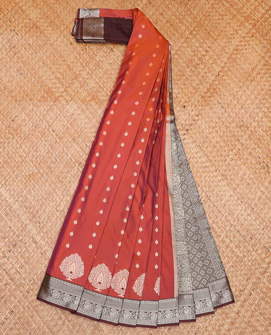 Orange Budget Silk Saree, Finely Crafted with Zari Buttas All Over Its Body, Complemented by a Contrast Traditional Zari Design Border of Paisleys, Grand Jaal Pallu, and Paired with a Contrast Blouse