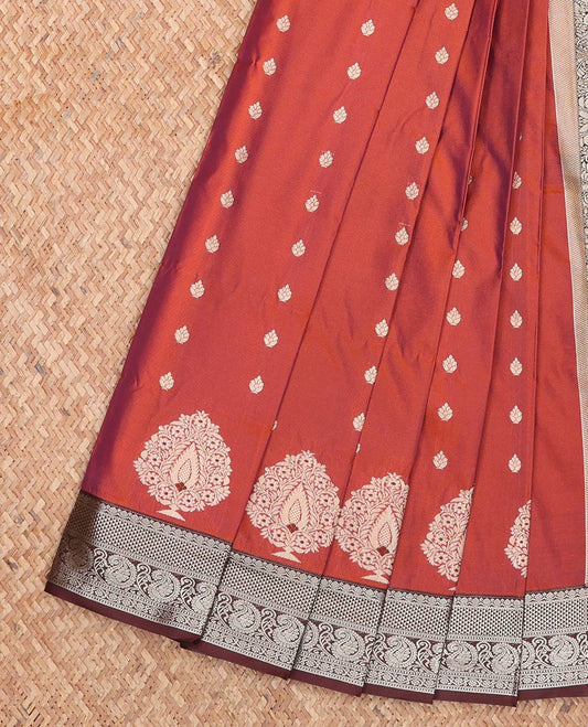 Orange Budget Silk Saree, Finely Crafted with Zari Buttas All Over Its Body, Complemented by a Contrast Traditional Zari Design Border of Paisleys, Grand Jaal Pallu, and Paired with a Contrast Blouse
