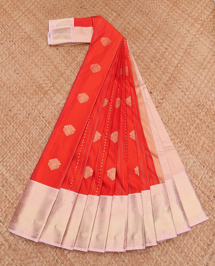 Orange Budget Silk Saree Features with Zari Buttas and Stripes, Complemented by a Contrast Traditional Zari Border, Jaal Pallu, and Contrast Blouse