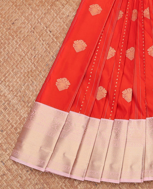 Orange Budget Silk Saree Features with Zari Buttas and Stripes, Complemented by a Contrast Traditional Zari Border, Jaal Pallu, and Contrast Blouse