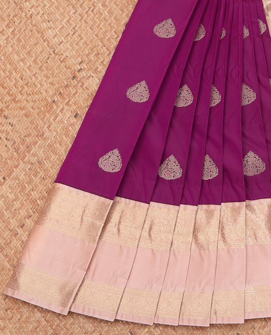 Purple Budget Silk Saree, Elevated with Zari Buttas, Complemented by a Contrast Traditional Zari Rettai Pettu Border, Sparsely Sparkled Pallu, and a Contrast Blouse