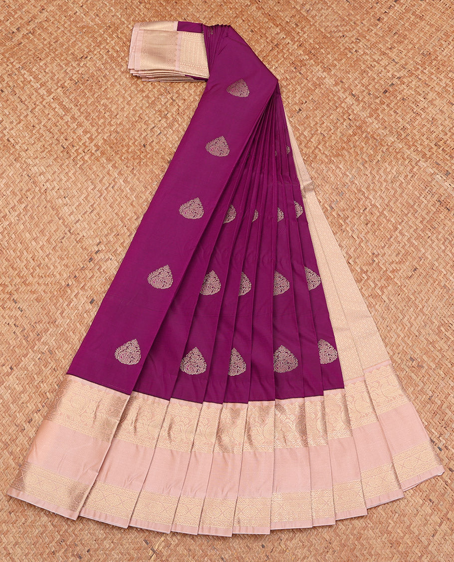 Purple Budget Silk Saree, Elevated with Zari Buttas, Complemented by a Contrast Traditional Zari Rettai Pettu Border, Sparsely Sparkled Pallu, and a Contrast Blouse
