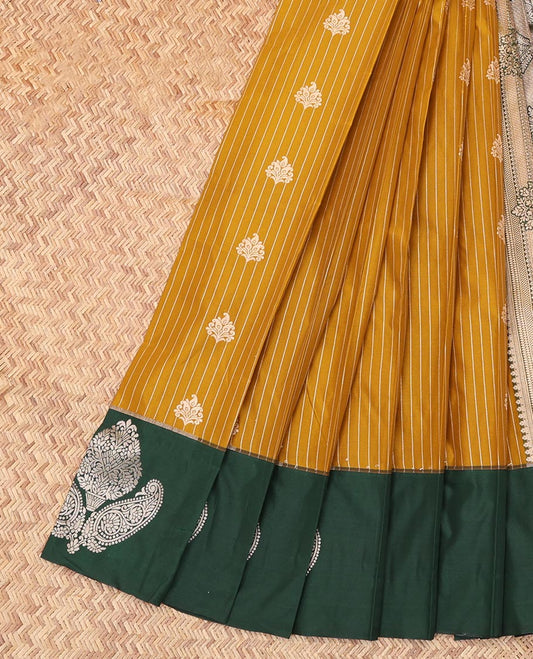 Mustard Budget Silk Saree, Delicately Woven with Stripes and Buttas, Complemented by Contrast Zari Motif Border, a Grand Pallu and a Contrast Blouse